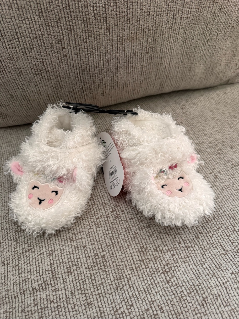 Fuzzy Lamb Baby Booties - White with Pink Accents